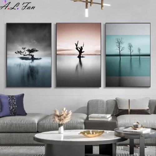 Lake Tree Landscape Posters Black White Scenery Minimalist Wall Picture Canvas Painting Nordic Palm Tree Prints Art Home Decor