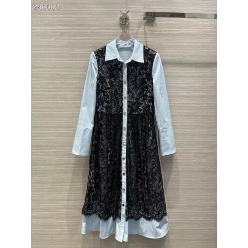 Fyion Dresses Women 2021 Runway Fashion Designer Elegant Casual Slim Party Lace Embroidery Waist Elastic Midi Shirt Dress