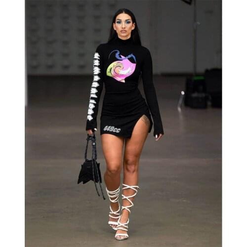 TNNAOFF Aesthetic Print Turtleneck Mini Dress for Women Birthday Outfits Trendy One Piece Streetwear Club Irregular Dresses