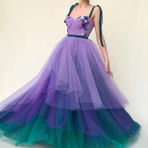 Contrast Color Prom Dresses 3d Flowers A Line Spaghetti StrapsTulle Empire Evening Party Gowns Custom Made