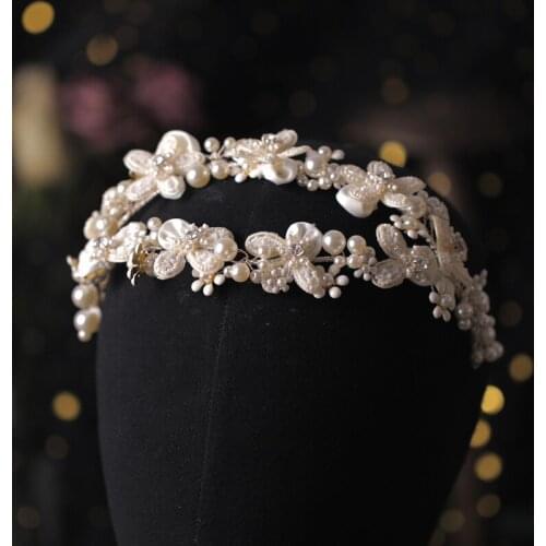 Korean Flower Headband Wedding Hair Accessories Pearl Bridal Tiara Headband Hairbands Hair Hoop Earring Set Crown Hair Jewelry