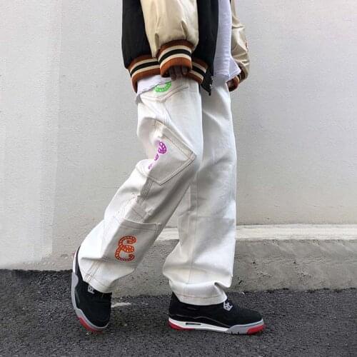 Hip Hop Letter Print Straight Jeans Men Harajuku Oversize Multi-pocket Wide Leg Denim Pant Mens Streetwear Cargo Pants Unisex