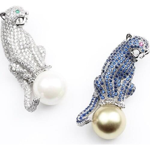 Luxury brand leopard animal brooches of men jewelry perfect cubic zircon brooch and pendant imitation pearl hijab pins