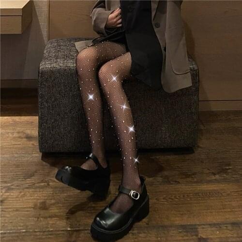 Rhinestone Sexy Fishnet Transparent Womens Tights Diamond Slim Nylon Mesh Pantyhose Nightclub Party Shinny Lingerie Black Tight