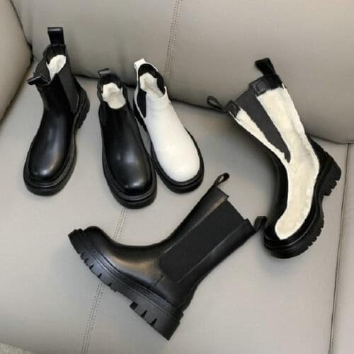 ZawsThia Genuine Natural Leather Round Toe Fur Plush Inside Warm Woman Winter Shoes Russia Chelsea Mid-calf Boots Big Size 42 43