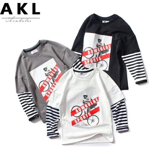 2021 Spring Boys T Shirts Korean Casual Fake Two Cotton T Shirt For Boys Kids Fashion Print Long Sleeve Tops Teenager Clothes