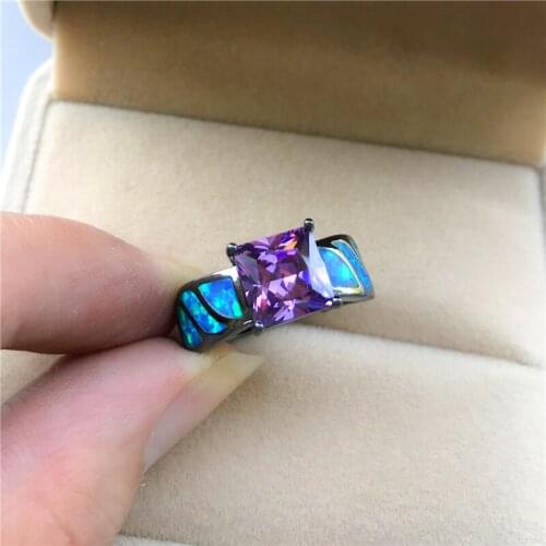 Vintage Female Purple Square Crystal Ring Charm 14KT Black Gold Color Wedding Rings For Women Dainty Blue Opal Engagement Ring