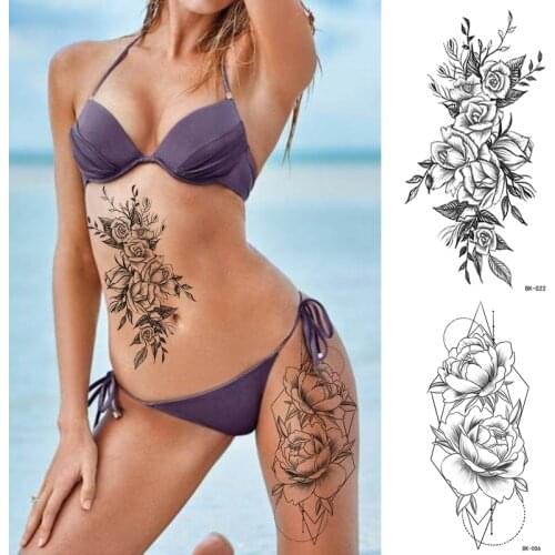 Waterproof Rose Flower Sketch Tattoo Stickers Temporary Tattoo Flower Black Peony Body Art Painting Sketch Sexy Tattoos Girl