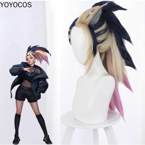 YOYOCOS Akali Cosplay wig LOL Game KDA The Baddest Akali Cosplay Mixed Color Ponytail The Rogue Assassin Ponytail Hair+Hairnet