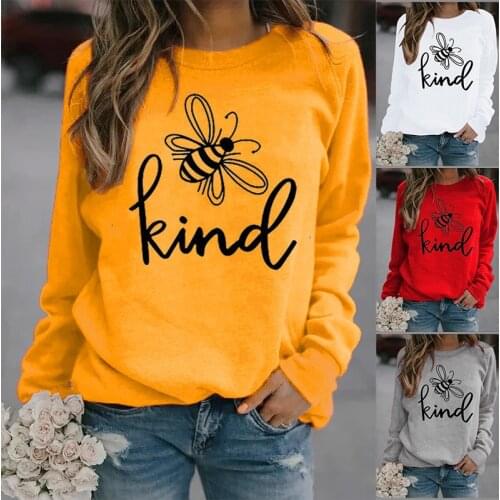 Bee Kind Printed Hoodies Women Fleece Long Sleeve O Neck Loose Sweatshirt Girls Women Hoodie Pullovers Winter