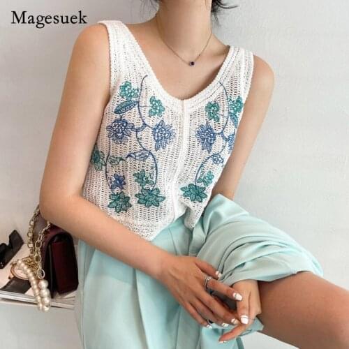 Korea Casual Sweet Hollow Out Sleeveless Tops Summer 2021 Knitted Blouse for Women Embroidery Floral V-neck Shirts Blusa 15625