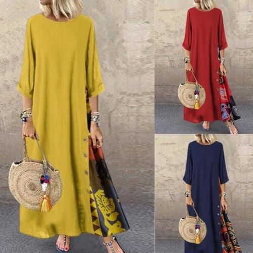 Vintage Stitching Dress Womens Maxi Sundress 2020 Casual 3/4 Sleeve Summer Vestidos Female O Neck Floral Robe Plus Size