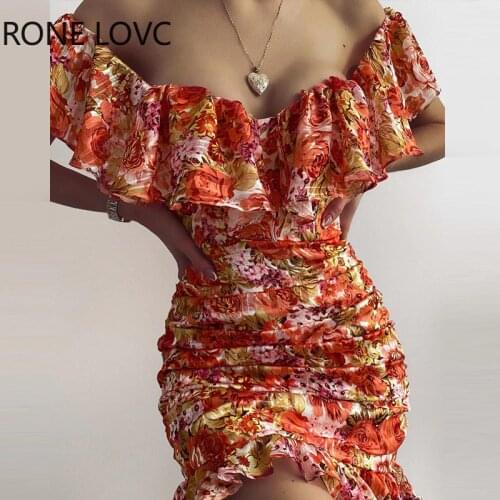 Women Off Shoulder Ruffles Ruched Floral Print Dress Bodycon Dress Casual Dress Summer Mini Dress