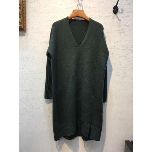 2021 Autumn Casual Dark Green Woman Cashmere Wool Knit Dress V-neck Long Sleeves Drop Shoulder Slit Side Fashion Sweater Dresses