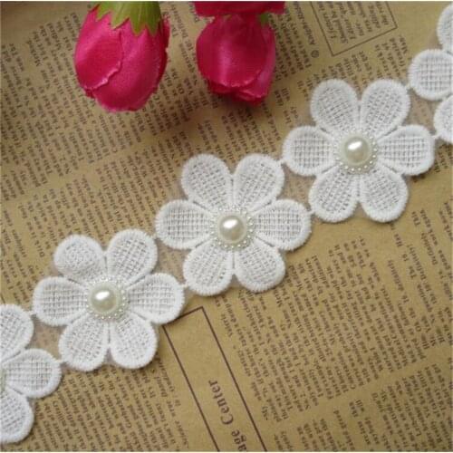 1 Meter 5.2cm White Cotton Pearl Flower Lace Edge Trim Ribbon Fabric Embroidered Applique Sewing Craft DIY Wedding Dress Clothes
