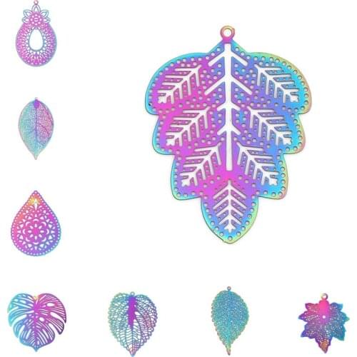 10 PCs Purple & Blue Leaf Stainless Steel Filigree Stamping Pendants For Jewelry DIY Findings Earrings Making 42mm x 25mm