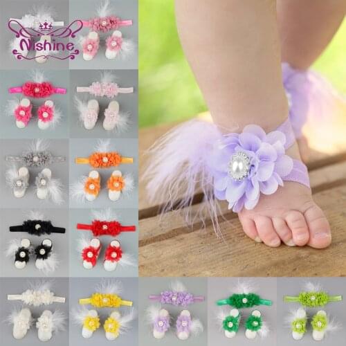 Nishine New 3pcs/set Boutique Chiffon Flower Headband with Barefoot Sandals Soft Feather Newborn Kids Shoes Baby Girls Gift
