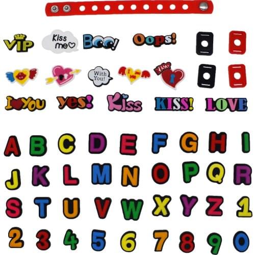 50 Shoe Charms of Letters Alphabet Numbers Love Kiss Words Fits Shoes & Wristband Bracelet + 4Pcs Shoe Lace Adapters School Gift
