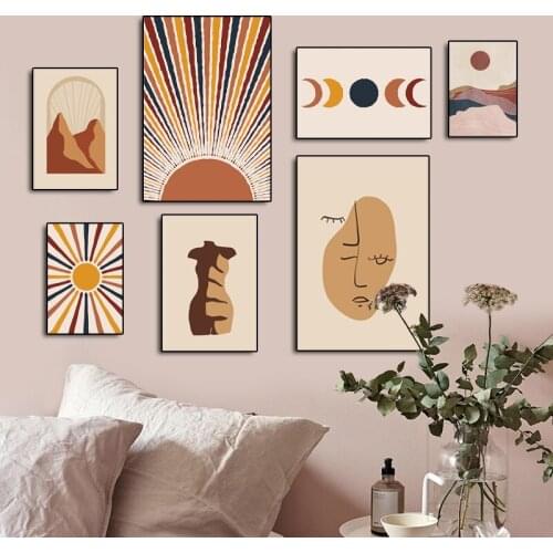 Abstract Sun Moon Mountain Canvas Painting Nordic Minimalist Face Line Wall Art Posters and Prints Picture for Living Room Decor