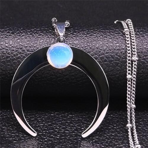 Bohemian Moon Moonstone Stainless Steel Chain Necklaces Women Silver Color Pendant Necklace Jewelry collares para mujer N3126S04