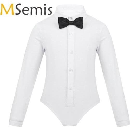 Kids Boys Gymnastics Leotard Bodysuit One-Piece Dance Costumes Long Sleeves Lapel Bowtie Shirt Romper Modern Latin Dance Wear