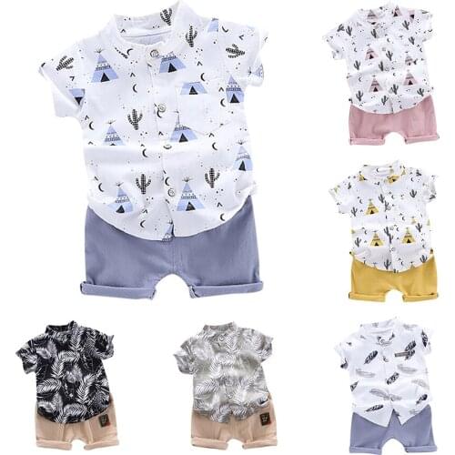 Wholesale Summer Baby Boy Clothes Sets Cartoon T-shirt Short Sleeve Leaves Pattern Casual Shirts Toddler Children Tracksuit