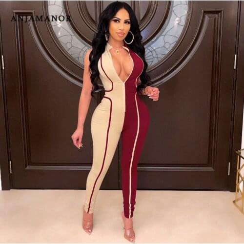 ANJAMANOR 2021 Fashion Patchwork Zipper Sleeveless Bodycon Jumpsuit Sportswear Sexy One Piece Outfit Women Clubwear D42-DD30