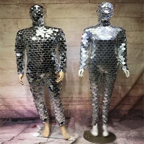 DC78 Ballroom dance silver mirror costumes stage wears party Christmas dress cloth robot men suit singer outfit performance show