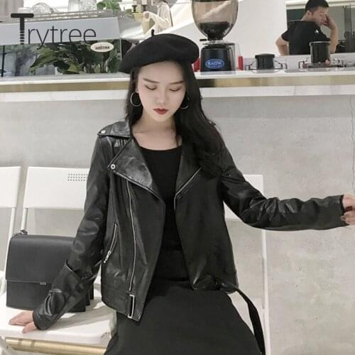 Trytree Womens Jacket 2020 Spring Autumn PU Jacket Short Cool Streetwear Zipper Pockets Wide-waisted Motorcycle Womens Coat