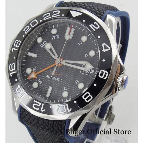 BLIGER Fashion 41mm Automatic Mens Watch With GMT Hand Self-Winding Wristwatch Sapphire Glass