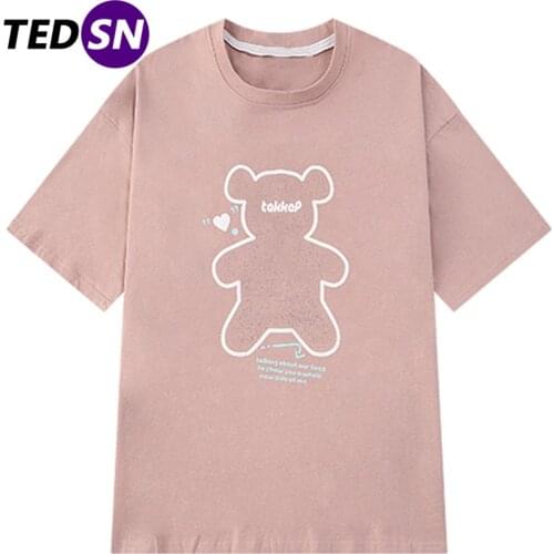 2021 Summer Casual Retro Cotton Hip Hop Loose Streetwear Bear Print Couple Harajuku Mens T-shirt Short Sleeve Top Tee