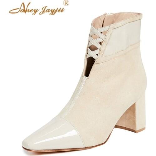 Apricot Woman Ankle Boots Bota Female Ladies Shoes Sexy Young 2021 Dress Party Autumn Cap Pointed Toe High Block Heels Size 38
