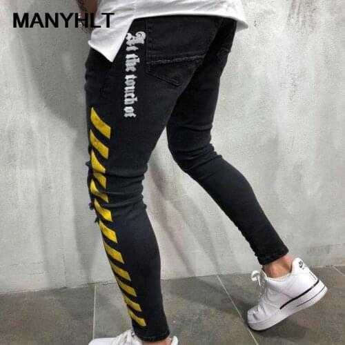 2021 New Style Mens Clothing Slim Jeans Y2k Hip-hop Style Printing Black Fashion Casual Pants Foot Pants Streetwear Men
