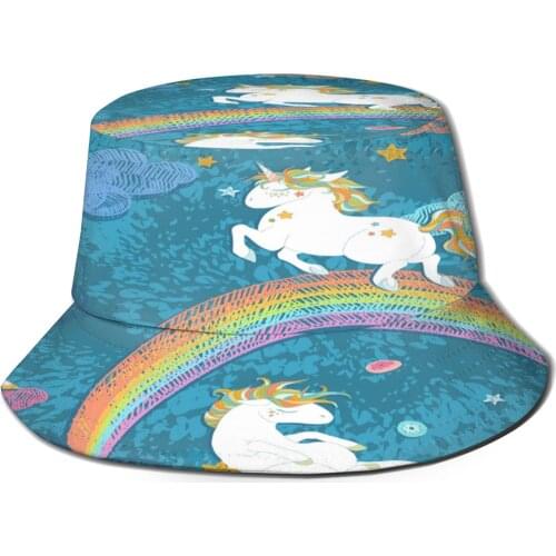 CINESSD 2021 Men Women Summer Cute Unicorn Rainbow Bucket Hat Bob Fisherman hat Outdoor Travel Sun Visor Fashion Panama