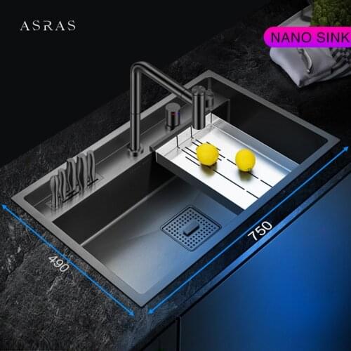 Luxury Nanometer Sink 304 Stainless Steel 4mm Thickness 220mm Depth Large Size Handmade Single Kitchen Sinks