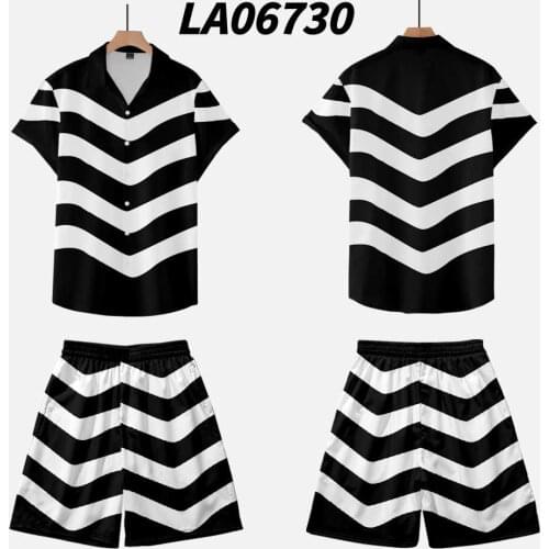 2021 New Mens Casual Blouse Shirt Loose Short Sleeve Shirt And Shorts Set Summer Casual Black Print Tops