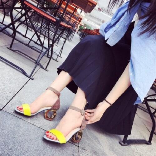 One word buckle sandals summer new fashion Korean style high heels open toe temperament mid-heel womens shoes