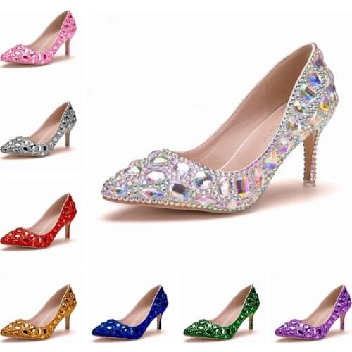 Crystal Queen Cinderella Women Heels Evening Party Glittering Custom mutilcolor Rhinestone Wedding Pumps big Size Crystal Shoes