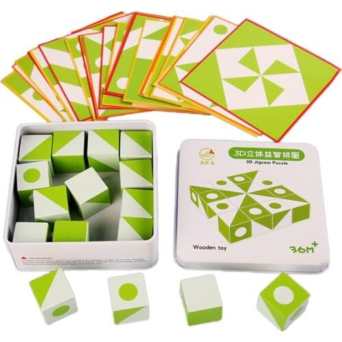 Fun Wooden 3D Montessori Geometry Puzzles Pattern Blocks Kit 30Pcs Cards