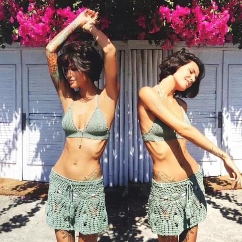 Hand Crochet Sexy Beach Women Bikini Set Push up Crop Top cover up Skirt Boho Style elastic waistband tassels