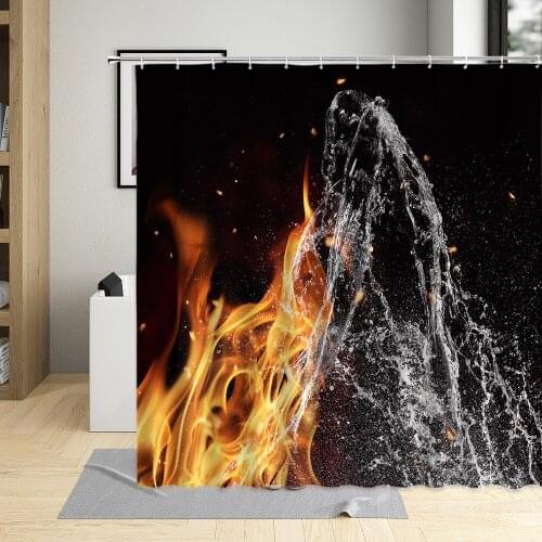 Water Fire Connection Art Design Black Background Shower Curtain Waterproof Fabric Bathroom Decor Bath Curtains With Hooks Set