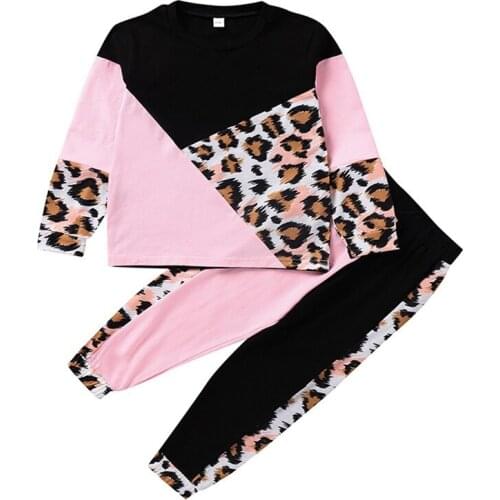 1-5Y Children Leopard Print Clothes Set Girls Contrast Color Long Sleeve O-neck T-shirt+Elastic Waist Trousers