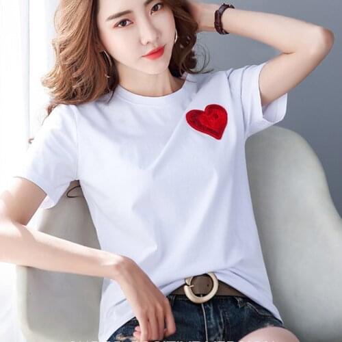 Shintimes Loose White T Shirt Women 2020 Summer Embroidered Red Hearts Tops Short Sleeve Casual Tee Shirt Femme Women Clothes