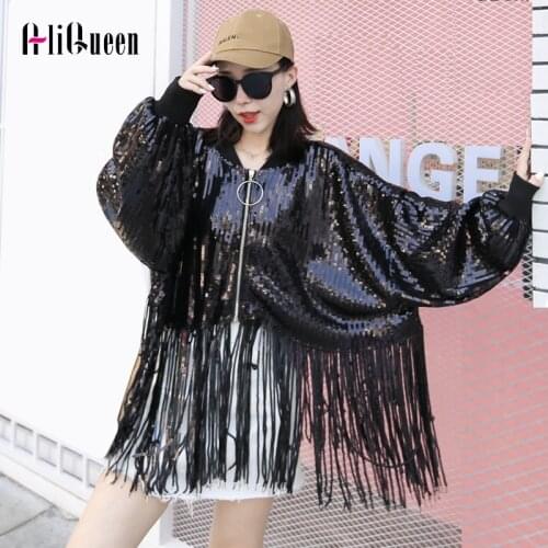 Chaquetas Mujer Spring Streetwear Sliver Sequin Jacket Women Lantern Sleeve Tassel Crop Jacket Loose Batwing Black Short Coats