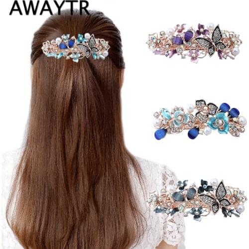 AWAYTR New Fashion Rhinestone Hairpin for Women Banana Clip Bow Girls Hair Clip Elegent Ladies Barettes Haar Accessoires