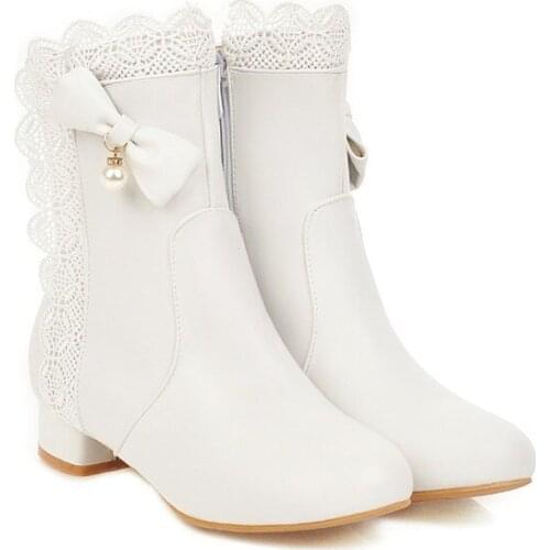 Big Size 9 10 11 12 boots women shoes ankle boots for women ladies boots shoes woman winter Bow lace lace side zipper