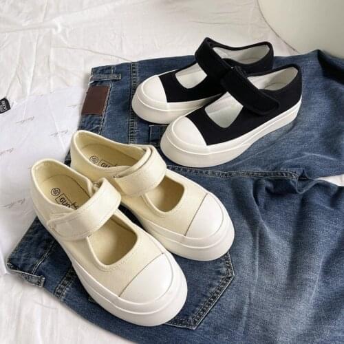 YSHUNIJ Round Head Shallow Mouth Large Head Canvas Shoes Womens 2021 Summer Velcro Thick Sole Retro Mary Jane Single Shoes