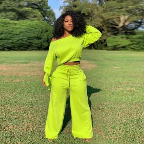 Women Casual Two Piece Clothes Set Classic Solid Color Oblique Shoulder T-shirt High Waist Trouser Loose Tracksuit Autumn Spring