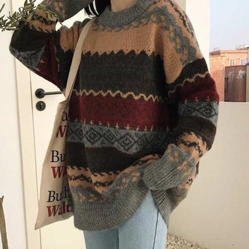 Winter Vintage Sweaters Women Pullover Printed Jumpers Korean Style Oversized Sweater Knitwear Casual Loose Pullover Pull Femme