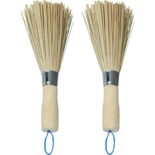 2pcs Bamboo Pan Brushes Long Handle Wok Cleaning Brush Dish Brushes Kitchen Tool for Home Restaurant